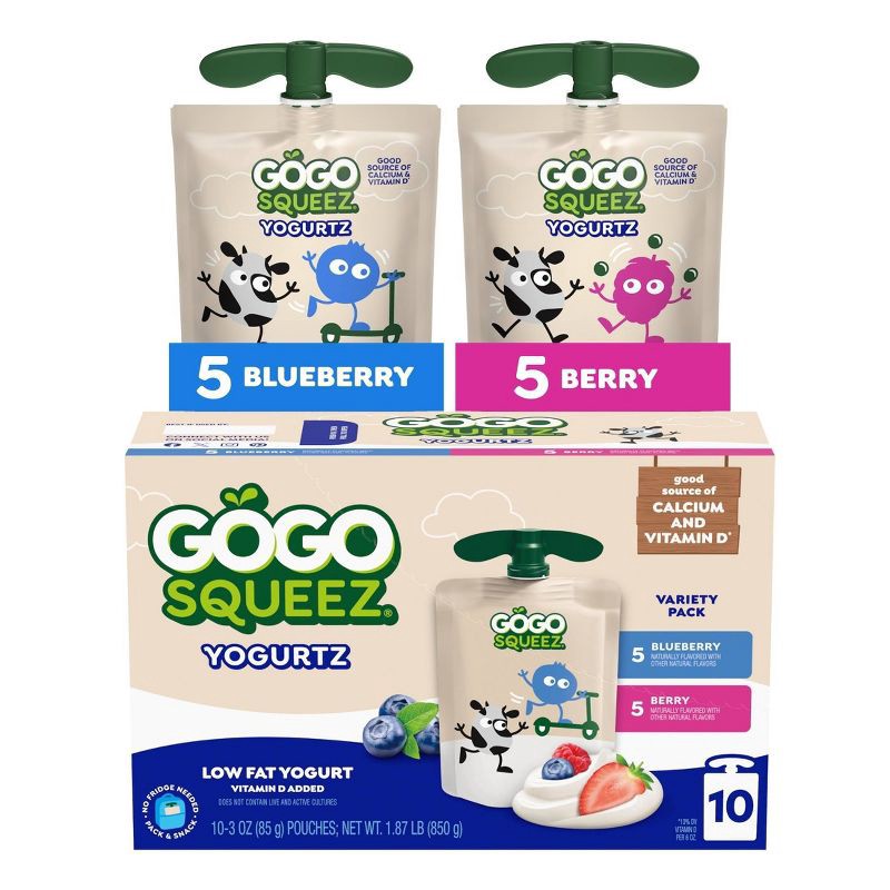 slide 1 of 7, GoGo SqueeZ Kids' YogurtZ Variety Pack, Blueberry & Berry - 3oz/10ct, 10 ct; 3 oz