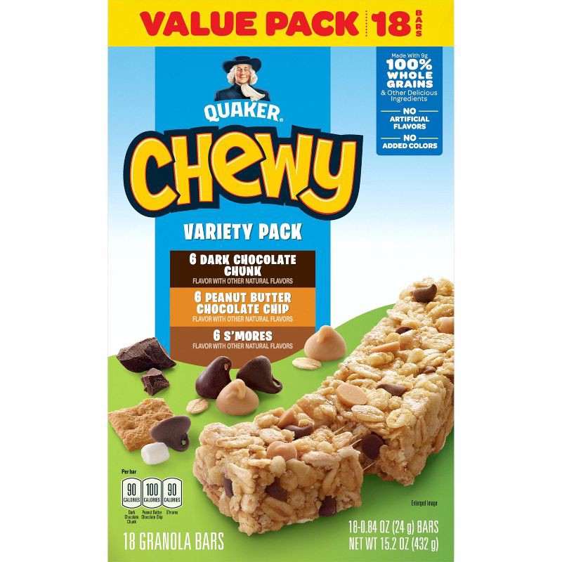 slide 3 of 9, Quaker Chewy 3 Flavor Variety Pack Granola Bars - 15.2oz/18ct, 15.2 oz, 18 ct