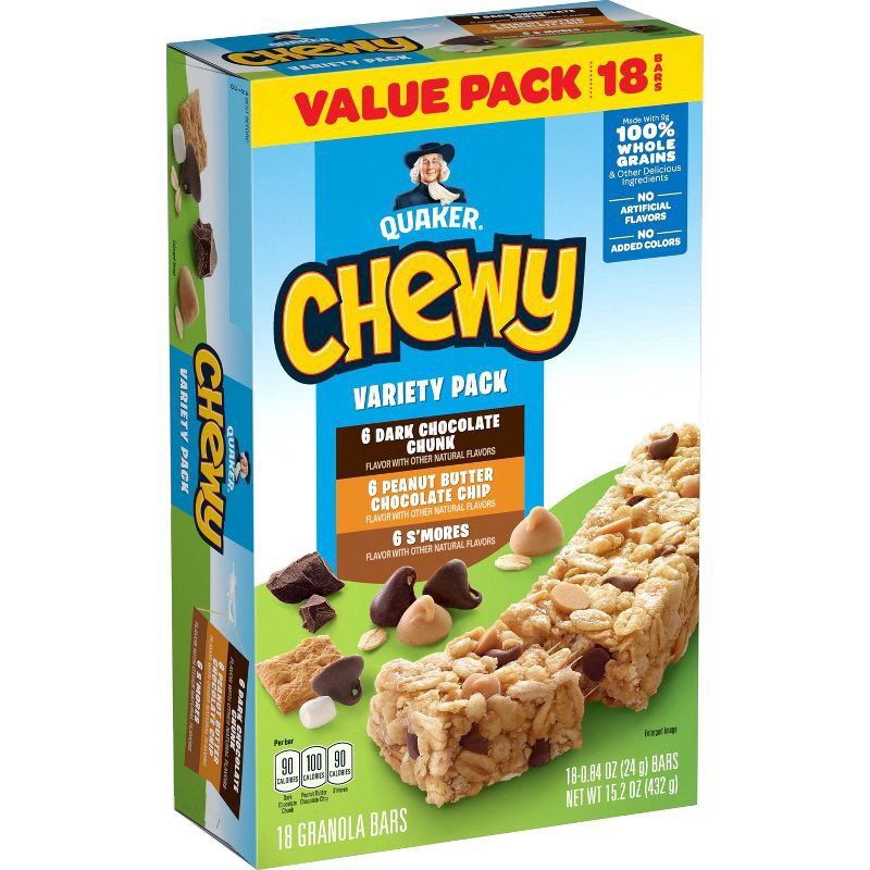 slide 1 of 9, Quaker Chewy 3 Flavor Variety Pack Granola Bars - 15.2oz/18ct, 15.2 oz, 18 ct