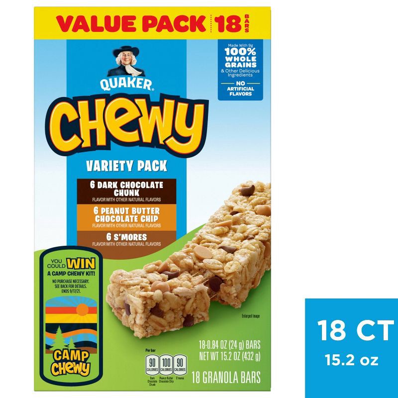 slide 9 of 9, Quaker Chewy 3 Flavor Variety Pack Granola Bars - 15.2oz/18ct, 15.2 oz, 18 ct