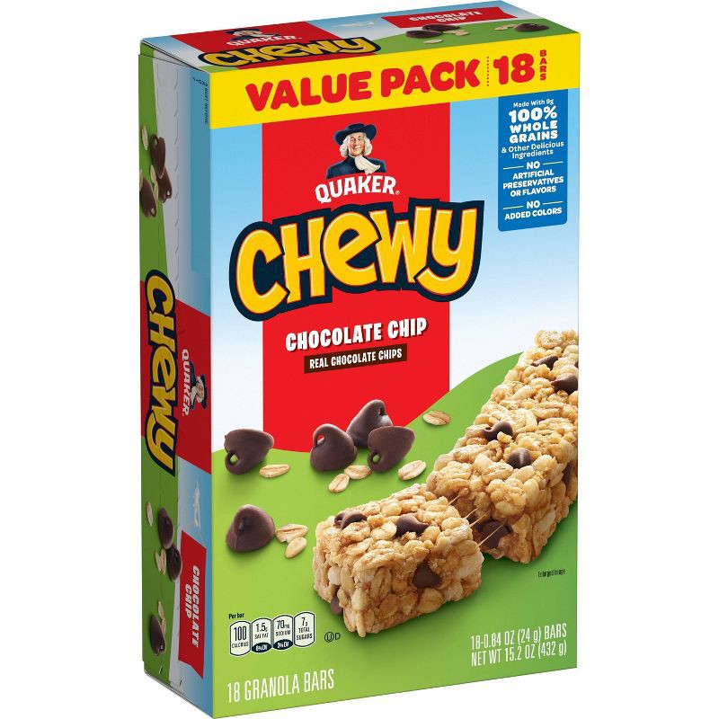 slide 1 of 9, Quaker Chewy Chocolate Chip Granola Bars 15.2oz/18ct, 15.2 oz, 18 ct