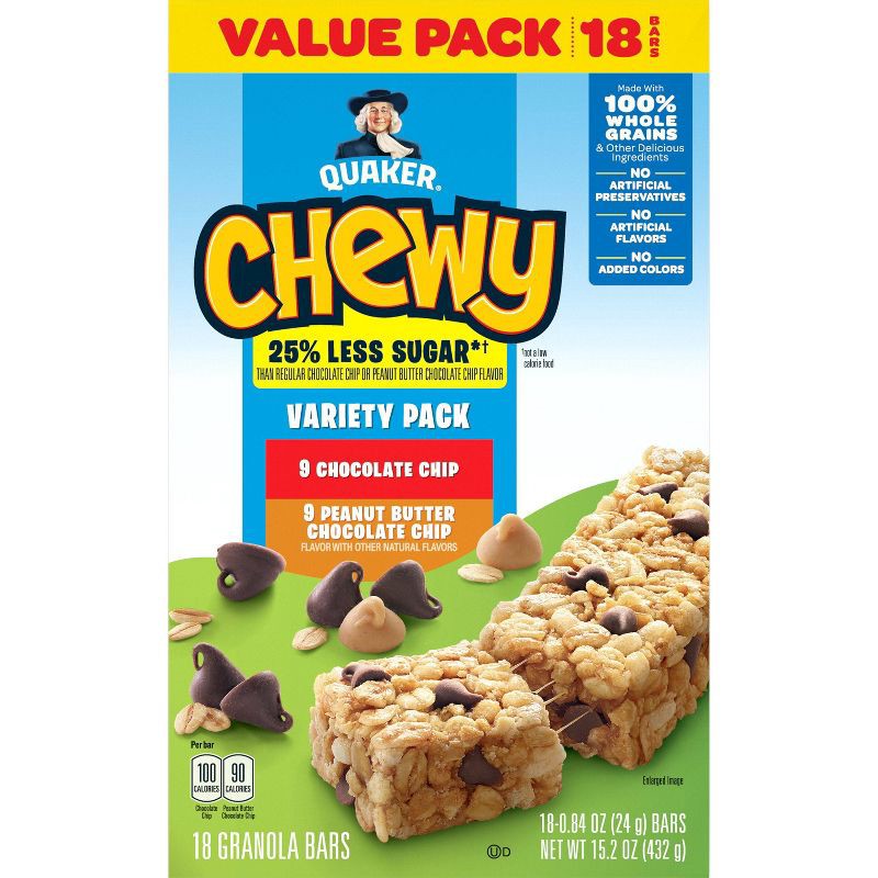 slide 10 of 12, Quaker Chewy 3 Flavor Reduced Sugar Variety Pack Granola Bars - 15.2oz/18ct, 15.2 oz, 18 ct