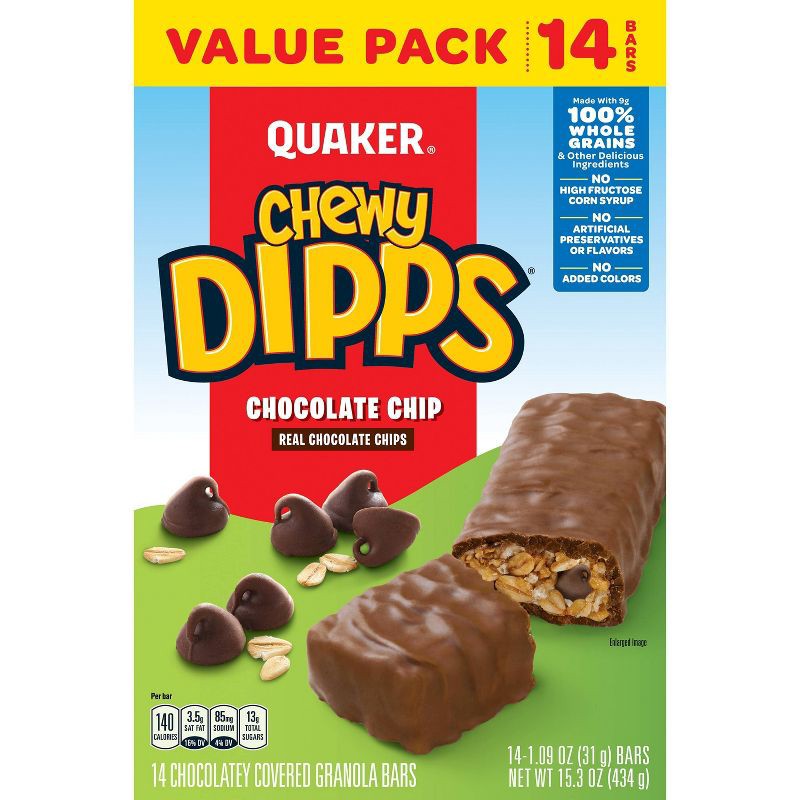 slide 2 of 8, Quaker Chewy Dipps Chocolate Chip Granola Bars - 15.3oz/14ct, 15.3 oz, 14 ct