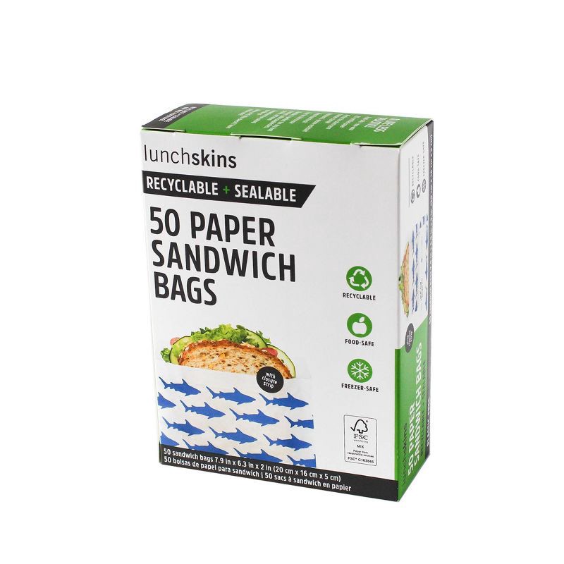 slide 1 of 7, Lunchskins Recyclable & Sealable Paper Sandwich Bags - Shark - 50ct, 50 ct