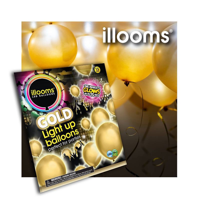 slide 1 of 10, iLLoom Balloon 15ct Gold LED Light Up Balloons - illooms, 15 ct