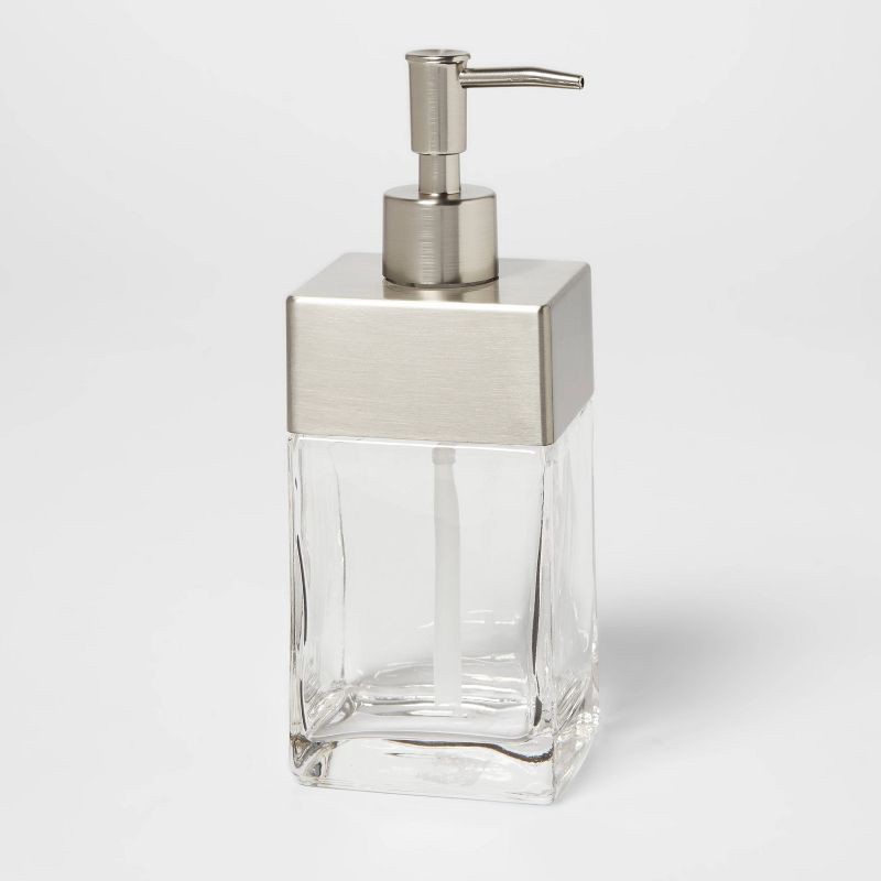 slide 1 of 4, Rectangle Glass with Metal Soap/Lotion Dispenser Clear - Threshold™, 1 ct