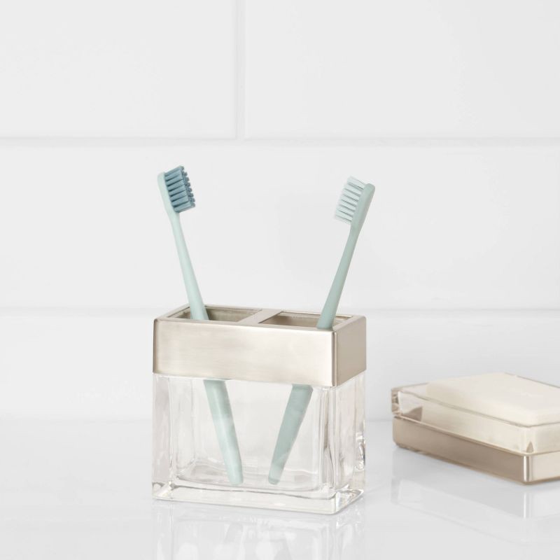 slide 2 of 4, Rectangle Glass with Metal Toothbrush Holder Clear - Threshold™, 1 ct
