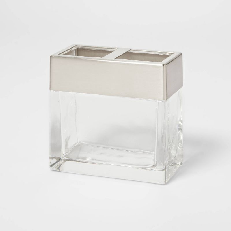slide 1 of 4, Rectangle Glass with Metal Toothbrush Holder Clear - Threshold™, 1 ct