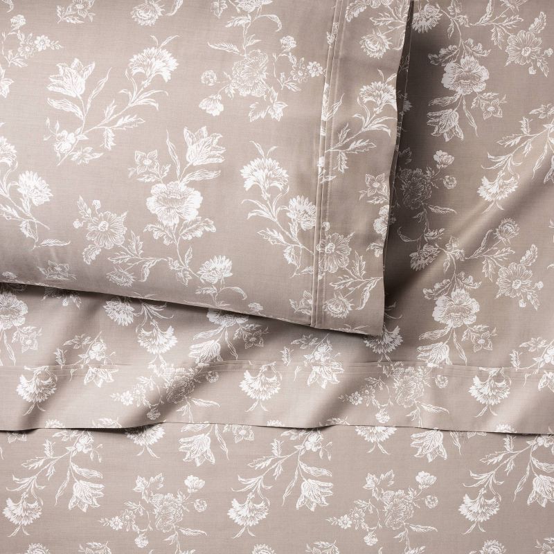 slide 2 of 4, Twin/Twin XL Printed Performance 400 Thread Count Sheet Set Khaki Floral - Threshold™: Cotton Sateen, Wrinkle-Resistant, OEKO-TEX Certified, 1 ct