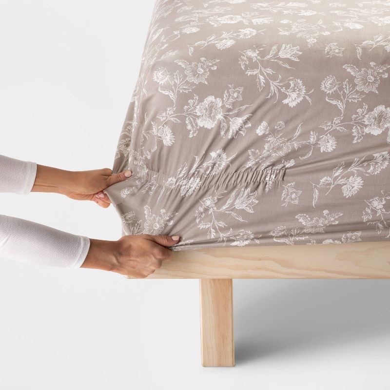 slide 3 of 4, Twin/Twin XL Printed Performance 400 Thread Count Sheet Set Khaki Floral - Threshold™: Cotton Sateen, Wrinkle-Resistant, OEKO-TEX Certified, 1 ct