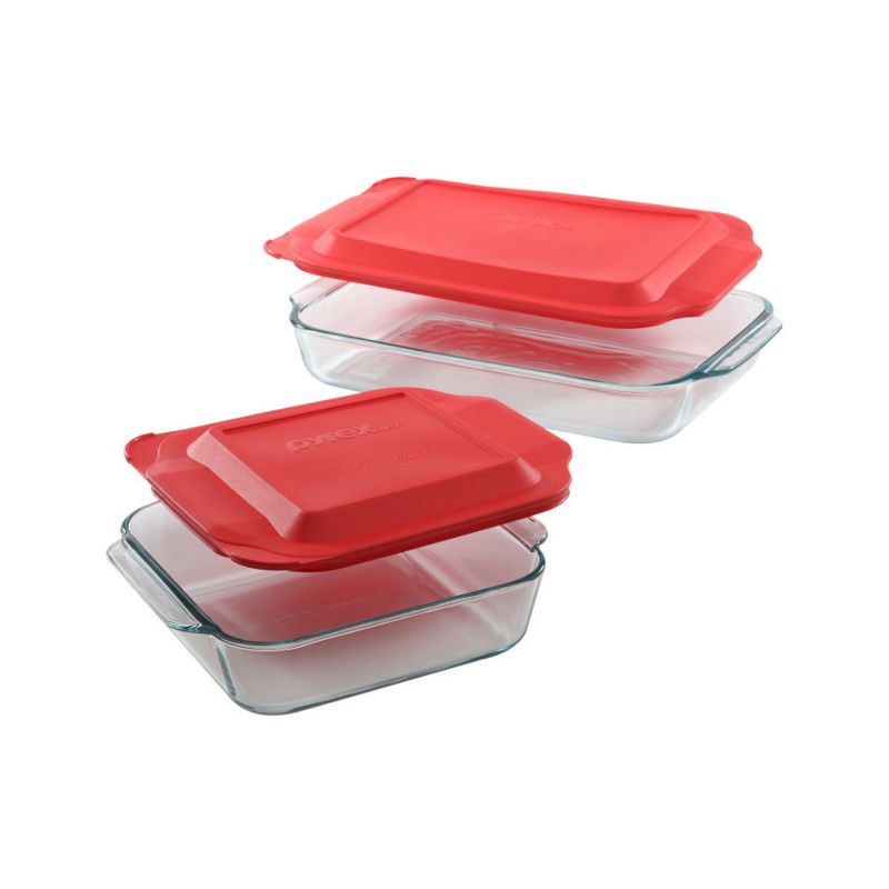 slide 1 of 1, Pyrex 4pc Bakeware Value Set Red: Glass Baking Dishes, Microwave & Dishwasher Safe, 3qt & 8" Square with Covers, 4 ct; 3 qt