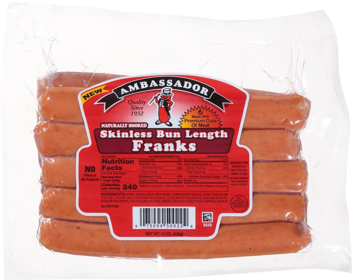 slide 13 of 13, Ambassador Skinless Pork Beef Weiner, 15 oz