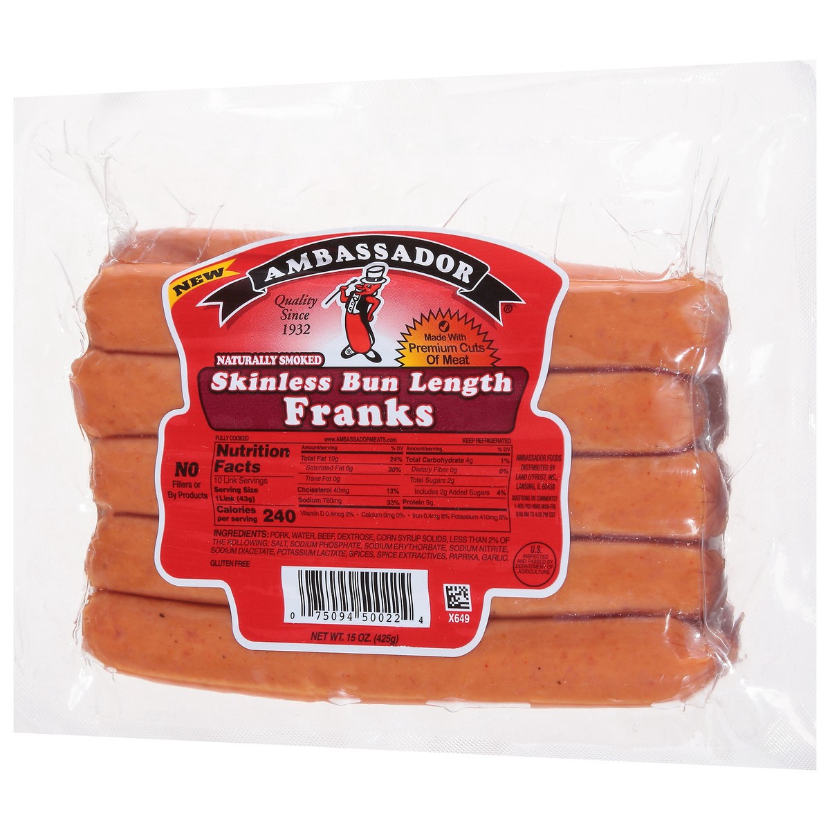 slide 3 of 13, Ambassador Skinless Pork Beef Weiner, 15 oz