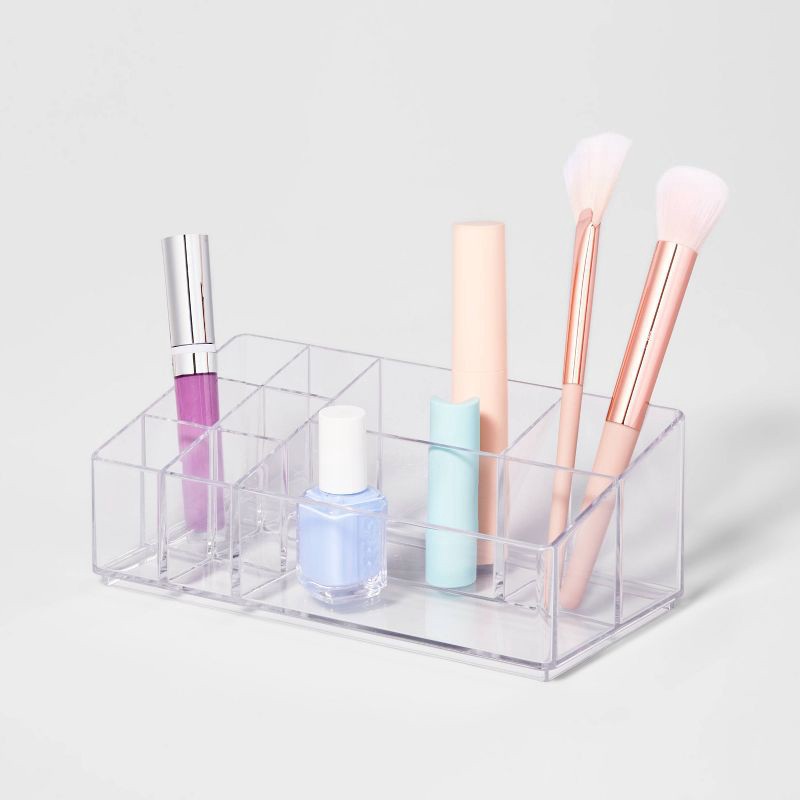 slide 4 of 6, Bathroom Plastic 9 Slot Mixed Cosmetic Organizer Clear - Brightroom™: Makeup & Vanity Organizer Tray for Bathroom Countertop, 1 ct