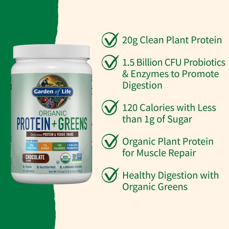 slide 3 of 9, Garden of Life Organic Vegan Protein + Greens Plant Based Shake Mix - Chocolate - 19.4oz, 19.4 oz