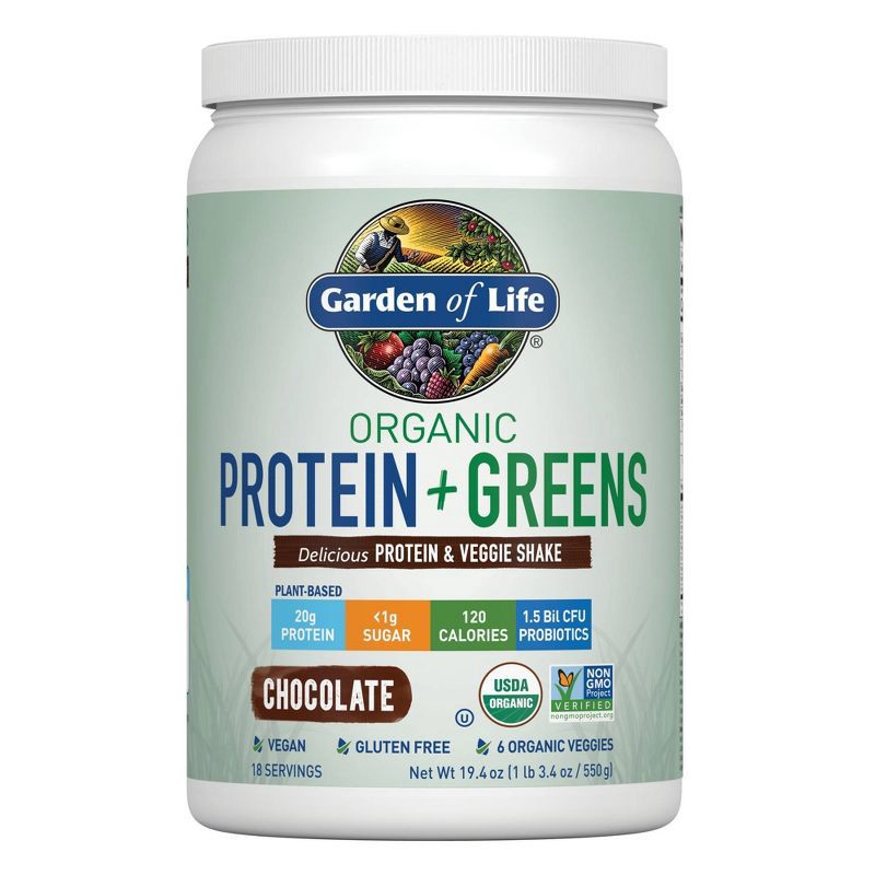 slide 1 of 8, Garden of Life Organic Vegan Protein + Greens Plant Based Shake Mix - Chocolate - 19.4oz, 19.4 oz