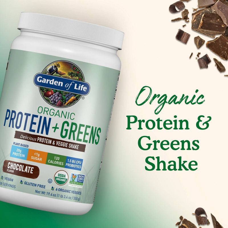 slide 6 of 8, Garden of Life Organic Vegan Protein + Greens Plant Based Shake Mix - Chocolate - 19.4oz, 19.4 oz