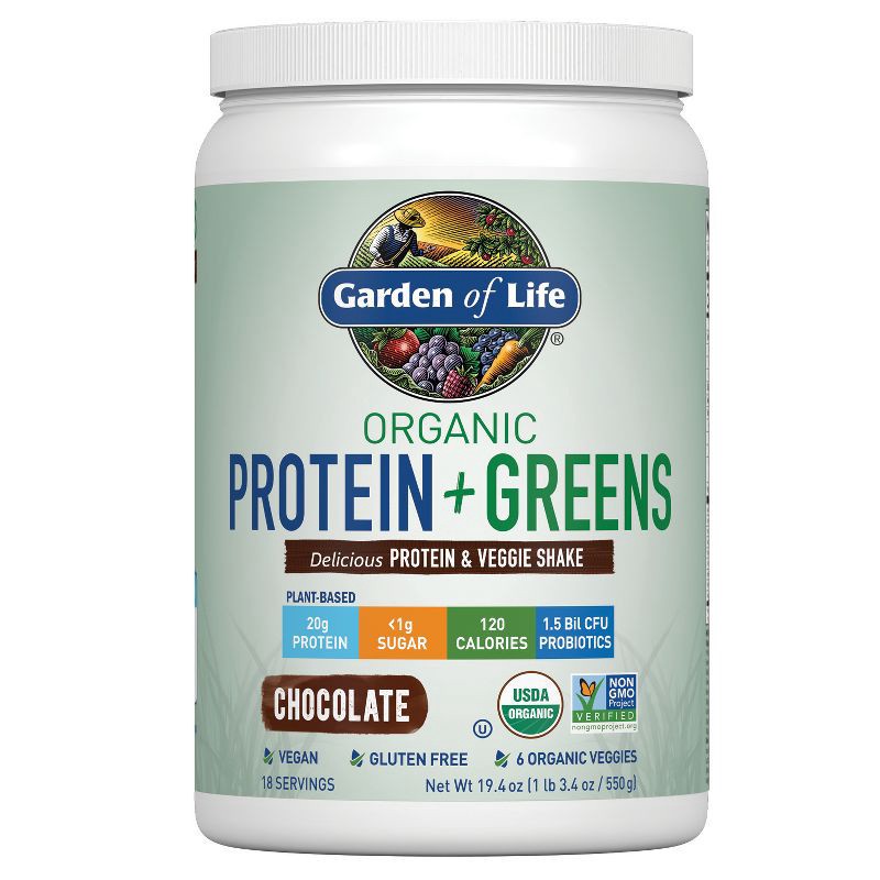 slide 1 of 9, Garden of Life Organic Vegan Protein + Greens Plant Based Shake Mix - Chocolate - 19.4oz, 19.4 oz