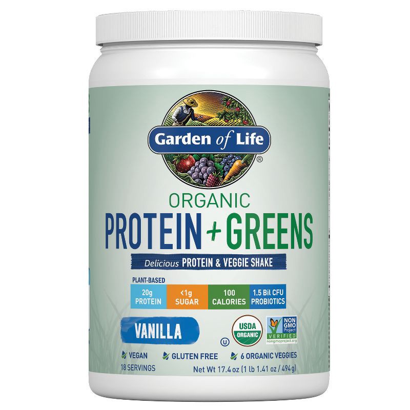 slide 1 of 9, Garden of Life Organic Vegan Protein + Greens Plant Based Shake Mix - Vanilla - 17.4oz, 17.4 oz