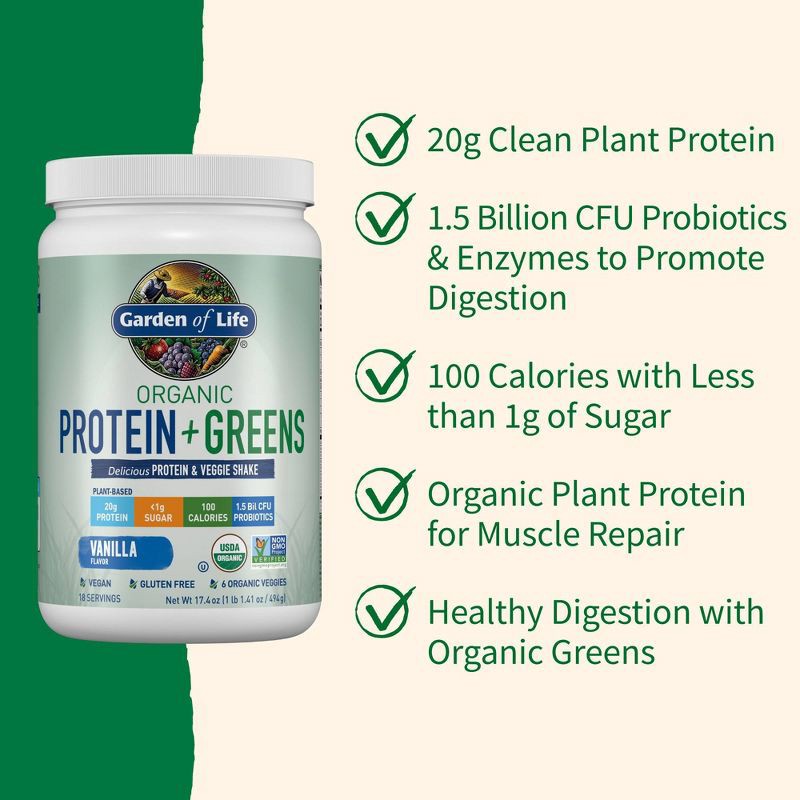 slide 3 of 8, Garden of Life Organic Vegan Protein + Greens Plant Based Shake Mix Powder - Vanilla - 17.4oz, 17.4 oz