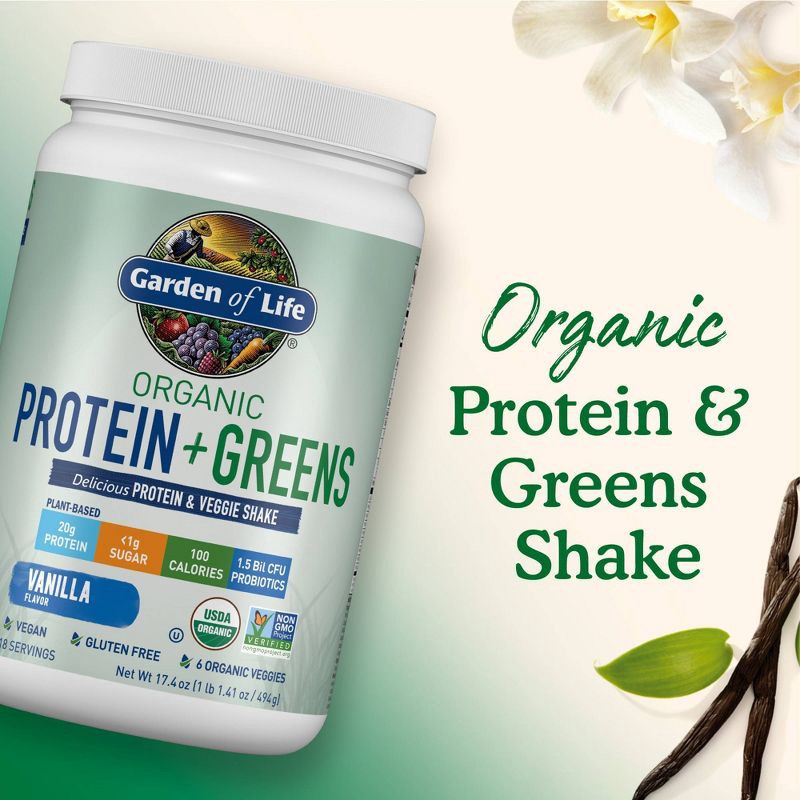 slide 4 of 8, Garden of Life Organic Vegan Protein + Greens Plant Based Shake Mix Powder - Vanilla - 17.4oz, 17.4 oz