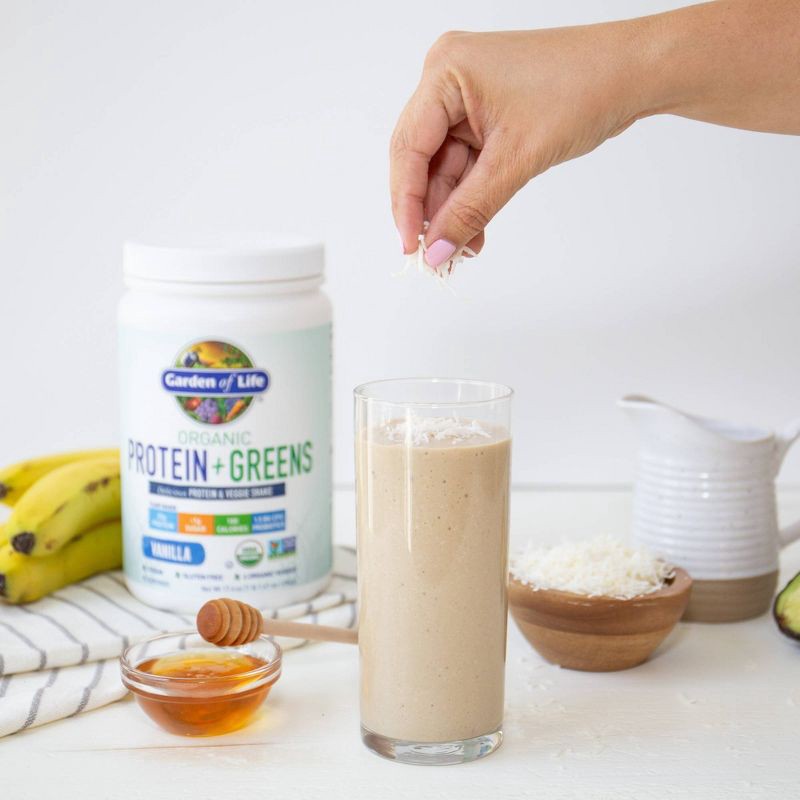 slide 7 of 8, Garden of Life Organic Vegan Protein + Greens Plant Based Shake Mix Powder - Vanilla - 17.4oz, 17.4 oz