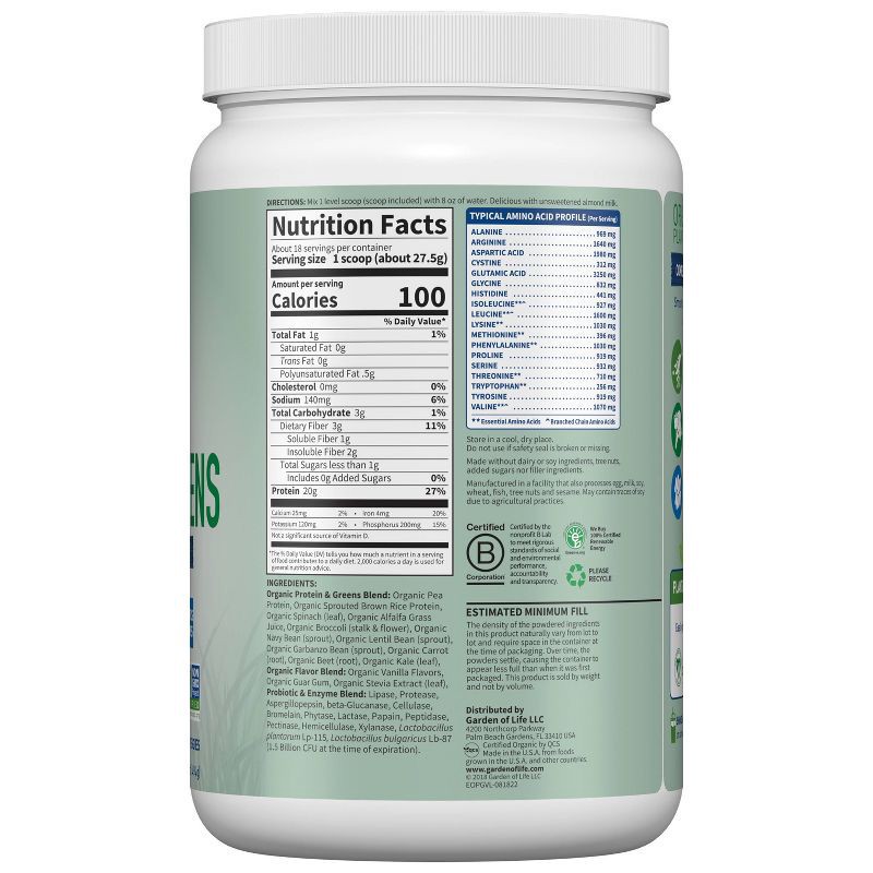 slide 8 of 8, Garden of Life Organic Vegan Protein + Greens Plant Based Shake Mix Powder - Vanilla - 17.4oz, 17.4 oz