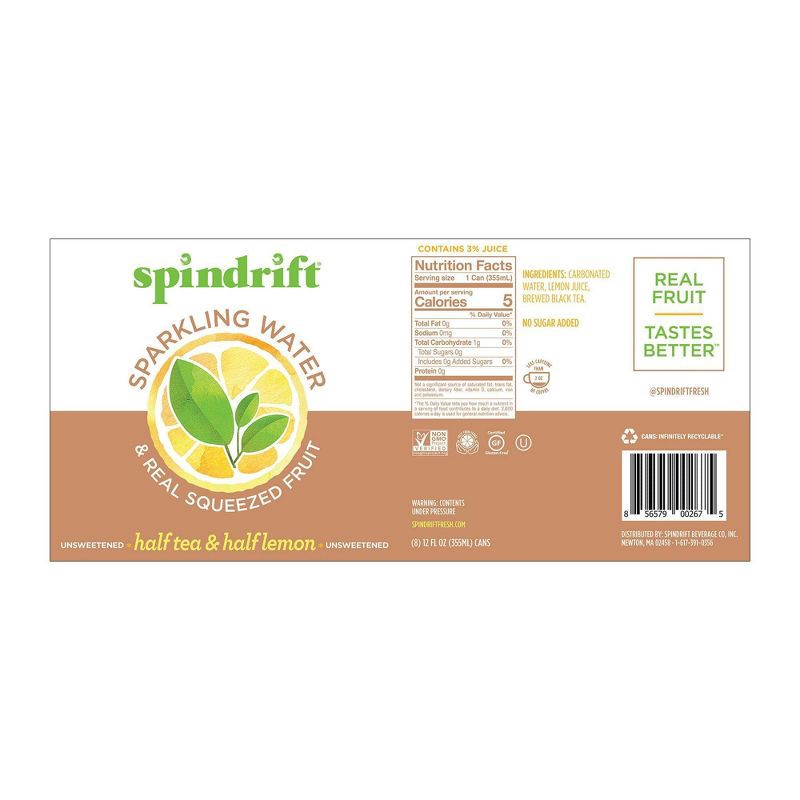 slide 3 of 4, Spindrift Half Tea/Half Lemon Sparkling Water - 8pk/12 fl oz Cans, 8 ct; 12 fl oz