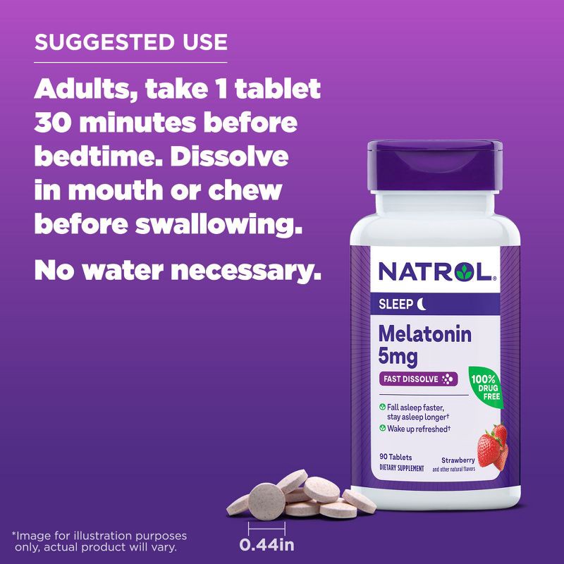 slide 7 of 10, Natrol Melatonin 5mg Sleep Aid Fast Dissolve Tablets - Strawberry - 90ct, 90 ct; 5 mg