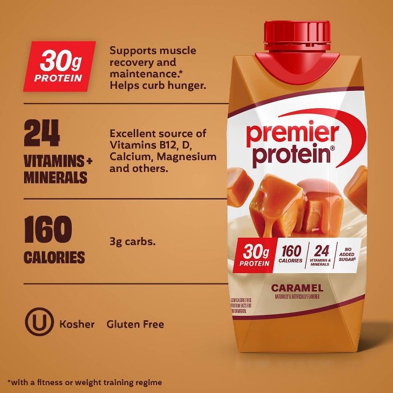 slide 2 of 8, Premier Protein Nutritional Shake Caramel Non-Caffeinated Whey Protein - 11 fl oz/4pk, 4 ct; 11 fl oz