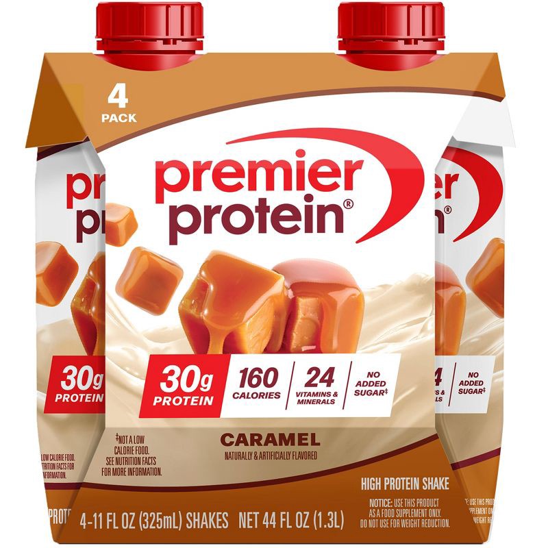 slide 1 of 8, Premier Protein Nutritional Shake Caramel Non-Caffeinated Whey Protein - 11 fl oz/4pk, 4 ct; 11 fl oz