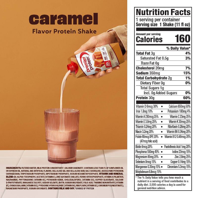 slide 4 of 8, Premier Protein Nutritional Shake Caramel Non-Caffeinated Whey Protein - 11 fl oz/4pk, 4 ct; 11 fl oz