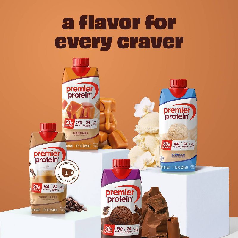 slide 3 of 8, Premier Protein Nutritional Shake Caramel Non-Caffeinated Whey Protein - 11 fl oz/4pk, 4 ct; 11 fl oz