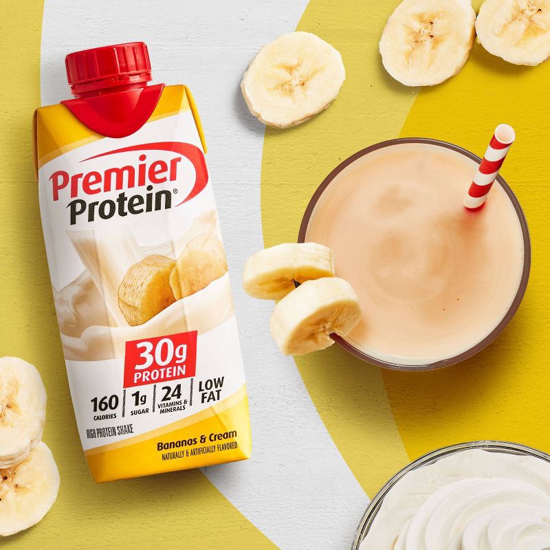 slide 2 of 6, Premier Protein Nutritional Shake - Bananas & Cream - 11 fl oz/4pk, 4 ct; 11 fl oz