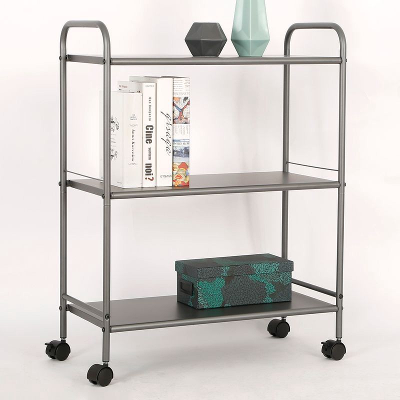 slide 3 of 5, 3 Shelf Wide Utility Storage Cart Gray - Room Essentials™: Steel Rolling Organizer with Wheels, Multipurpose, 1 ct