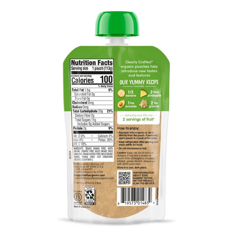 slide 2 of 9, Happy Baby Organics Clearly Crafted Stage 2 Meals Bananas, Pineapple, Avocado & Granola - 4oz, 4 oz