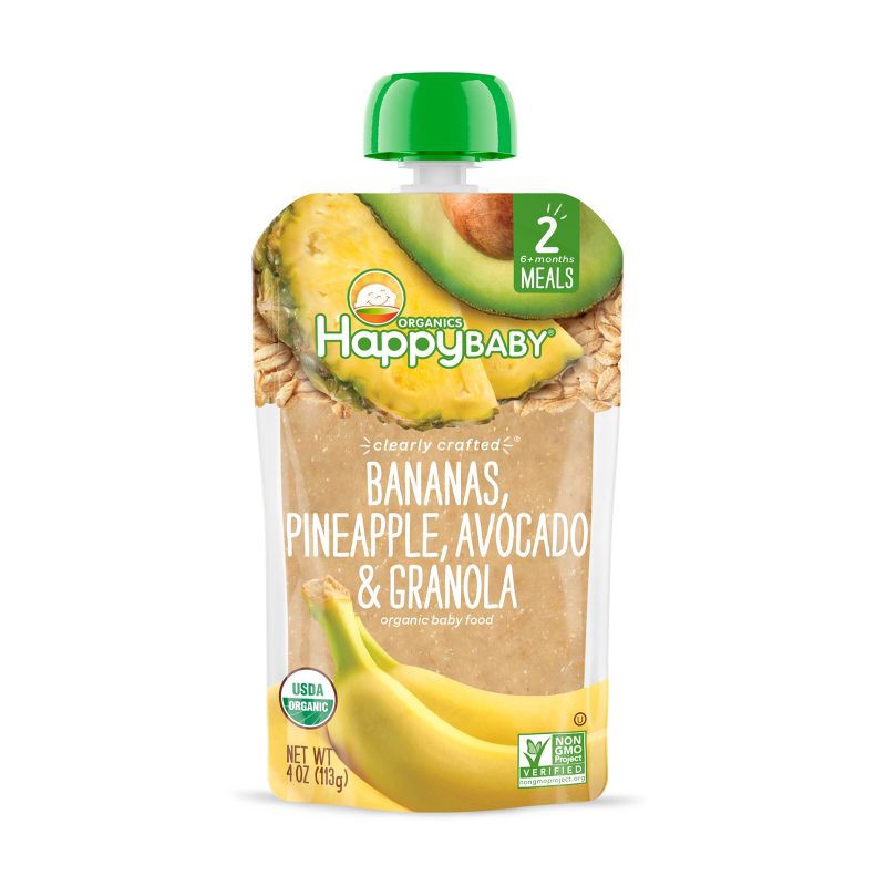 slide 1 of 6, Happy Family Happy Baby Organics Clearly Crafted Stage 2 Meals Bananas, Pineapple, Avocado & Granola 4oz, 4 oz