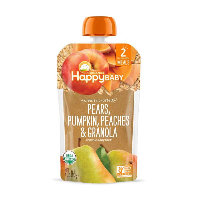 slide 1 of 4, Happy Family HappyBaby Clearly Crafted Pears Pumpkin Peaches & Granola Baby Food Pouch - 4oz, 4 oz