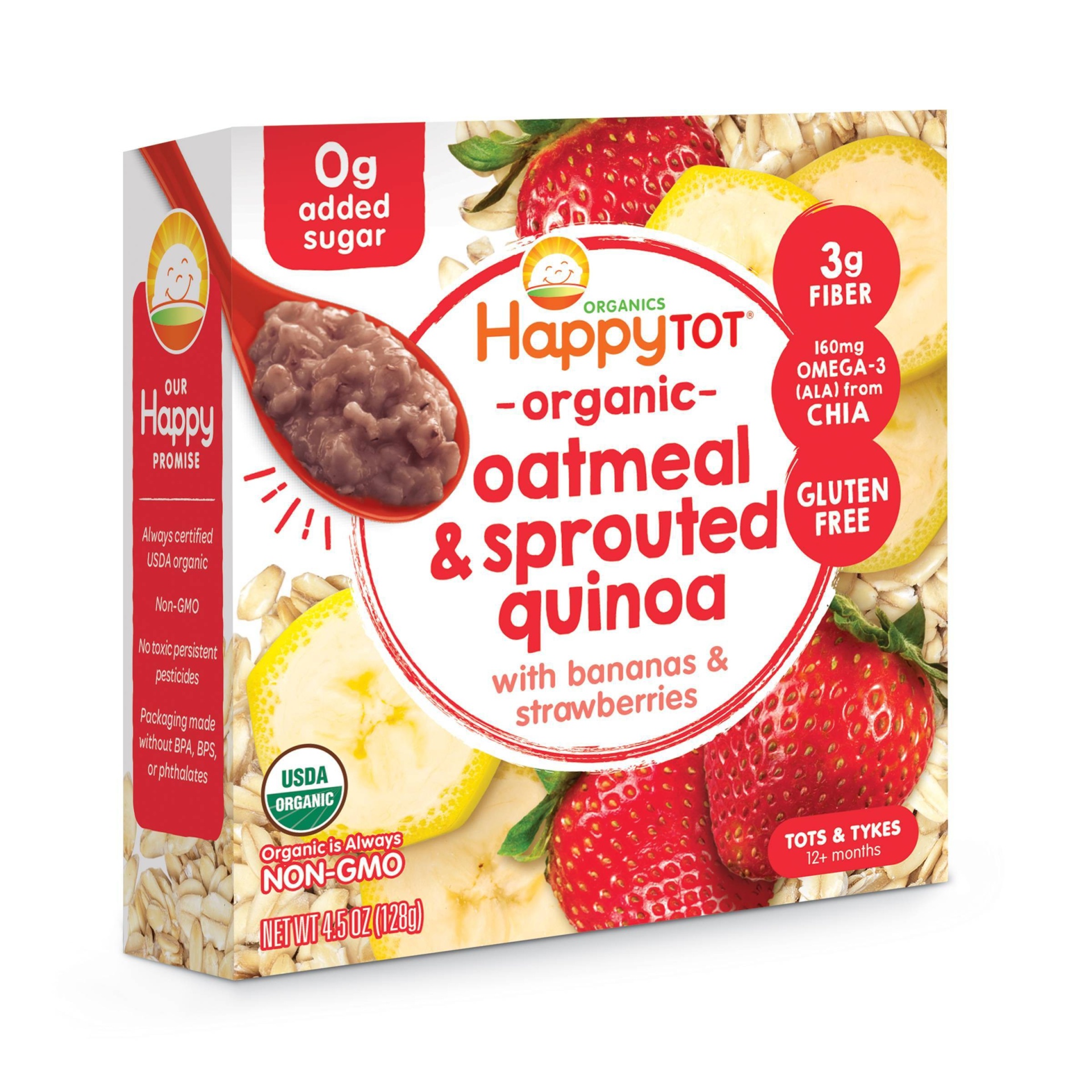 slide 1 of 3, Happy Family HappyTot Organic Oatmeal & Sprouted Quinoa with Bananas & Strawberries Baby Food, 4.5 oz
