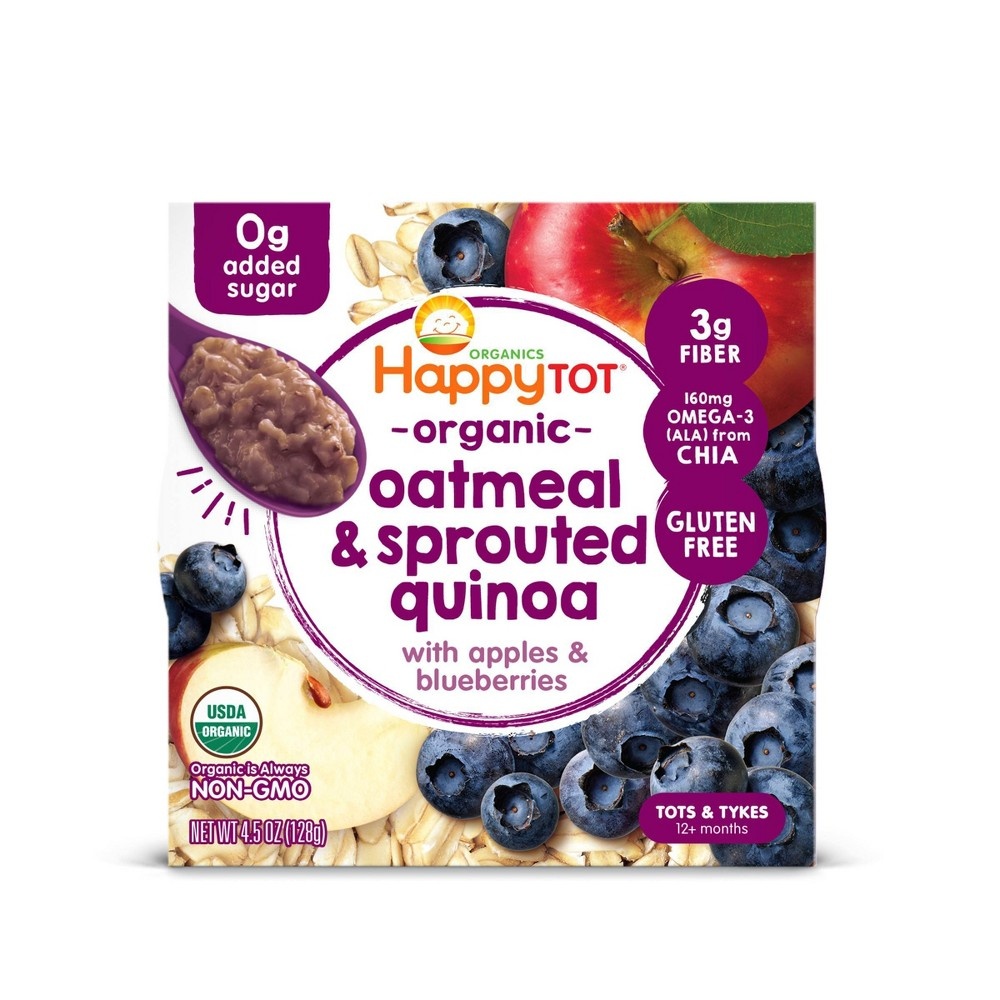 slide 4 of 4, Happy Family HappyTot Organic Oatmeal & Sprouted Quinoa with Apples & Blueberries Baby Food, 4.5 oz