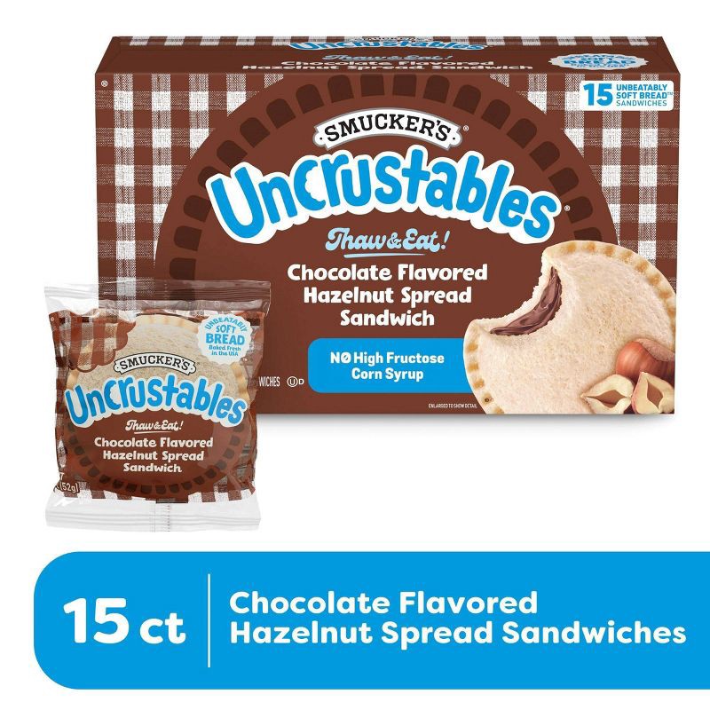 slide 3 of 9, Smucker's Uncrustables Chocolate Flavored Hazelnut Spread Frozen Sandwich - 27oz/15ct, 27 oz, 15 ct