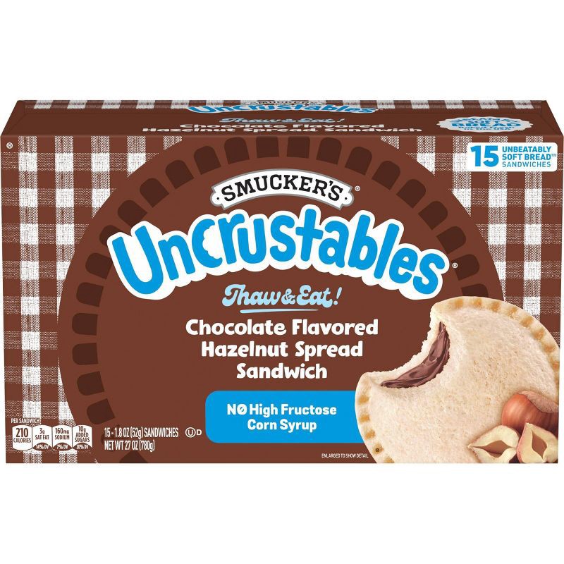 slide 1 of 9, Smucker's Uncrustables Chocolate Flavored Hazelnut Spread Frozen Sandwich - 27oz/15ct, 27 oz, 15 ct