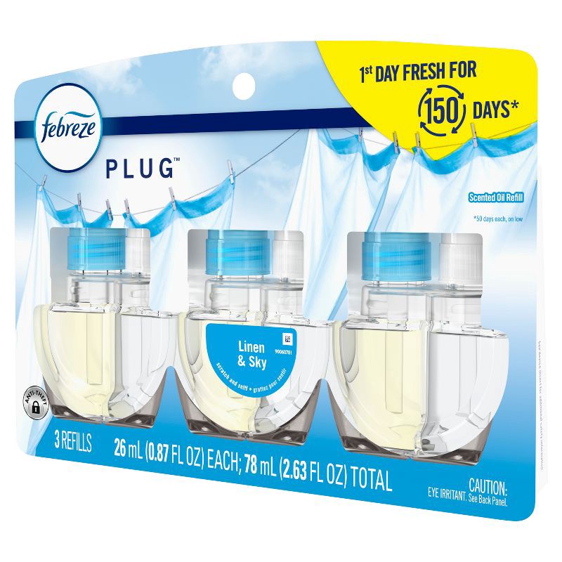 slide 14 of 15, Febreze Odor-Fighting Fade Defy Plug Air Freshener Refill - Linen & Sky - 2.63 fl oz/3pk, 3 ct; 2.63 fl oz