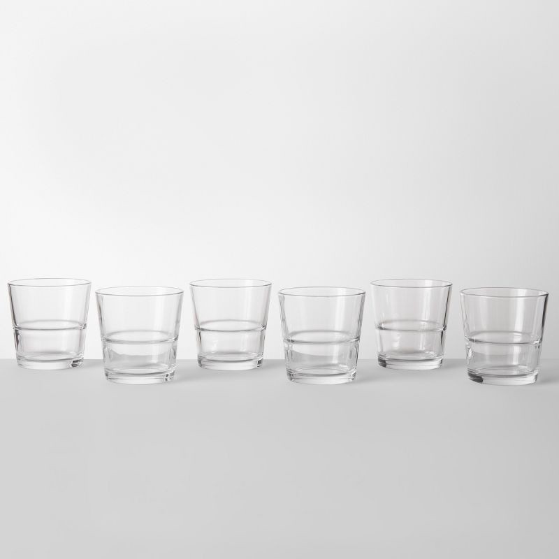 slide 1 of 6, 12.9 fl oz 6pk Glass Stackable Short Tumblers - Threshold™: Modern Drinkware Set, Dishwasher-Safe, Clear, 12.9 fl oz, 6 ct