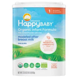 Happy Baby Organics Stage 1 Infant Formula, 0-12 Months, Milk Based Organic Baby Formula Powder with Iron, Probiotics & Prebiotics for Immune & Digestive Support, 22.9 Ounce (Pack of 1)