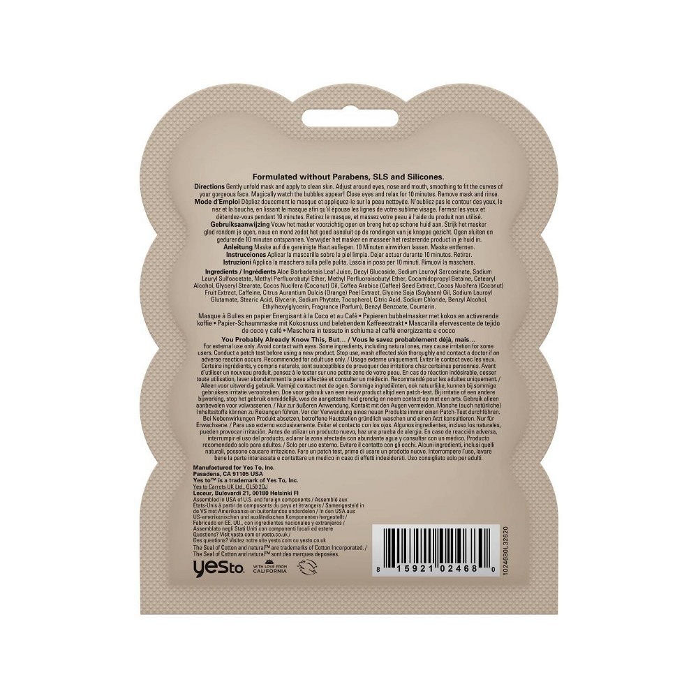slide 2 of 5, Yes To Coconut Energizing Coffee Bubbling Paper Mask, 0.67 fl oz