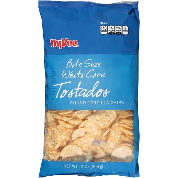 slide 1 of 1, Hy-vee White Corn Bite Size Tostados Round Tortilla Chips - 13 oz, 13 oz