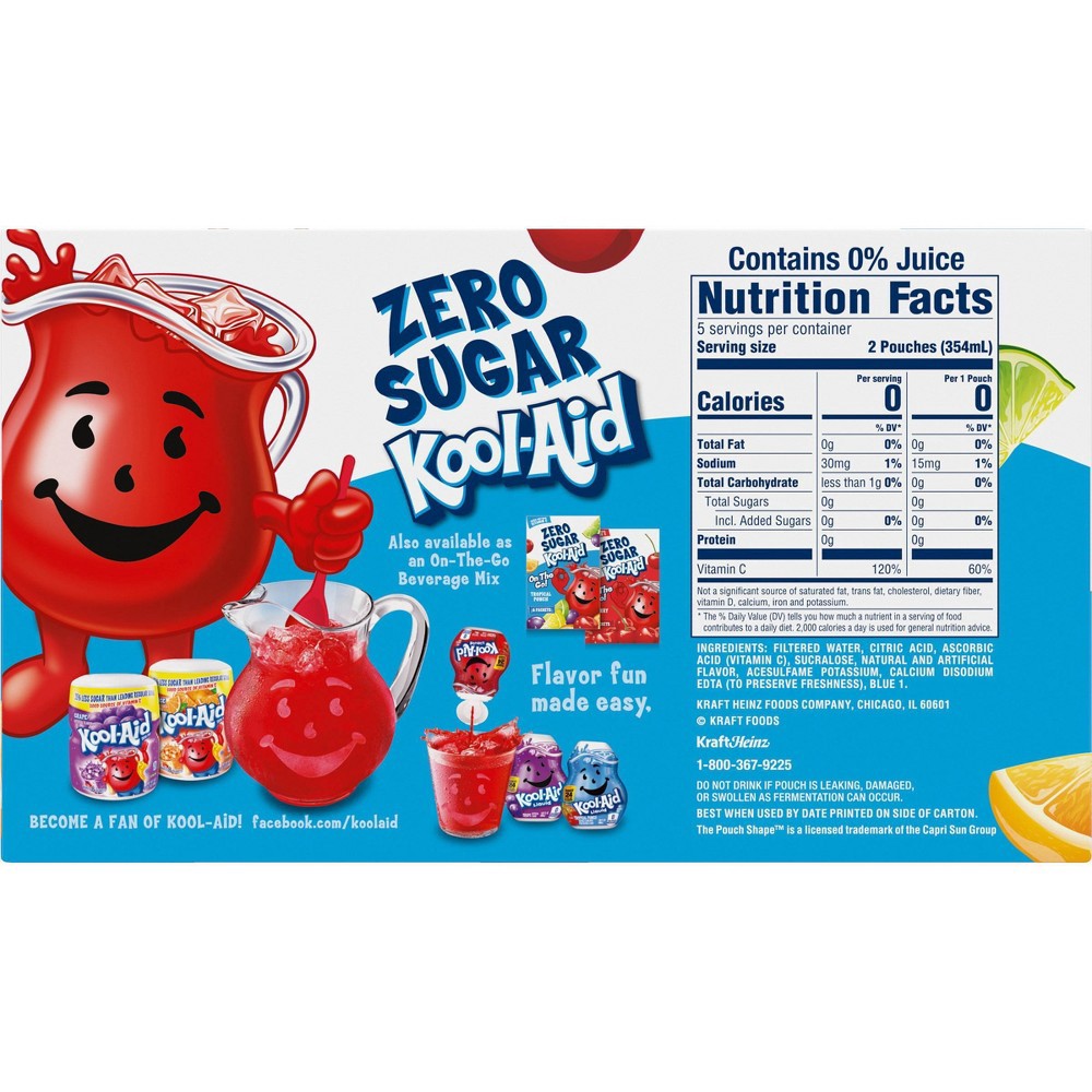 slide 6 of 10, Kool-Aid Jammers Tropical Punch Zero Sugar Artificially Flavored Soft Drink Pouches, 10 ct; 6 fl oz