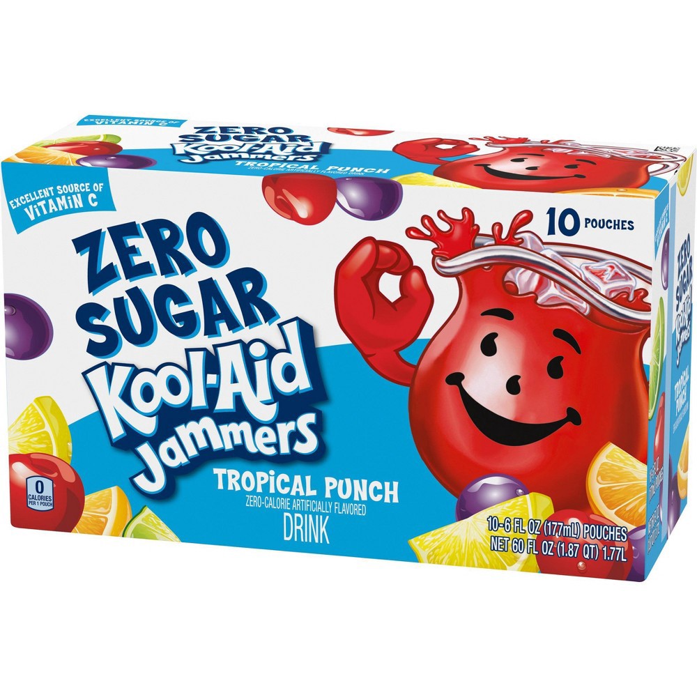 slide 7 of 10, Kool-Aid Jammers Tropical Punch Zero Sugar Artificially Flavored Soft Drink Pouches, 10 ct; 6 fl oz