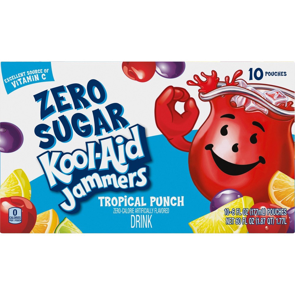 slide 8 of 10, Kool-Aid Jammers Tropical Punch Zero Sugar Artificially Flavored Soft Drink Pouches, 10 ct; 6 fl oz